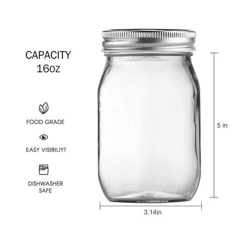 16oz Regular Mouth Glass Mason Jars with Airtight Lids, 4 Pack A9480