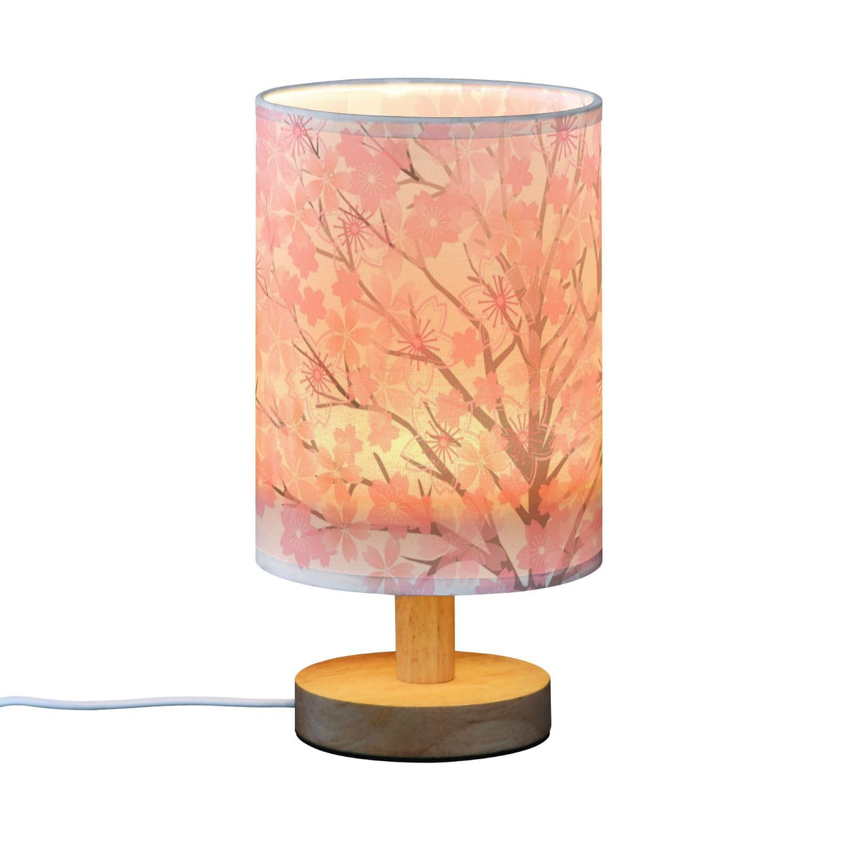 Pink Cherry Blossom Table Lamp with Wood Base Fabric Shade F93817