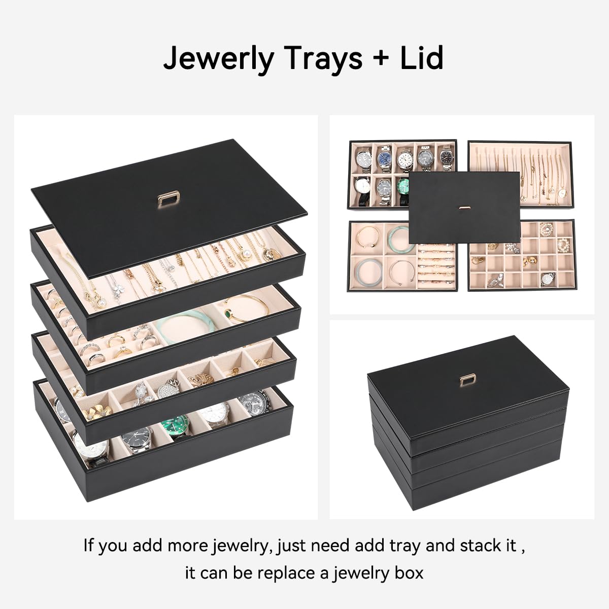 Stackable Jewelry Organizer Tray with Lid Set of 4 Black K946054