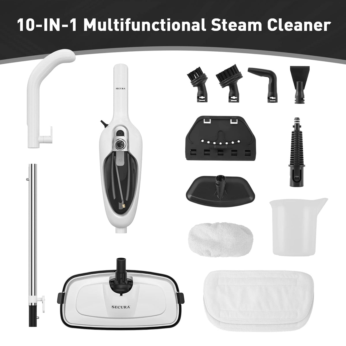 White 10-in-1 Detachable Steam Mop with 3 Microfiber Pads N704
