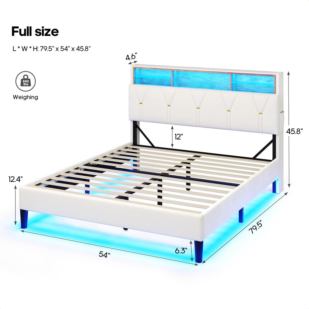 Full Size Bed Frame with Storage Headboard and LED Lights K2174