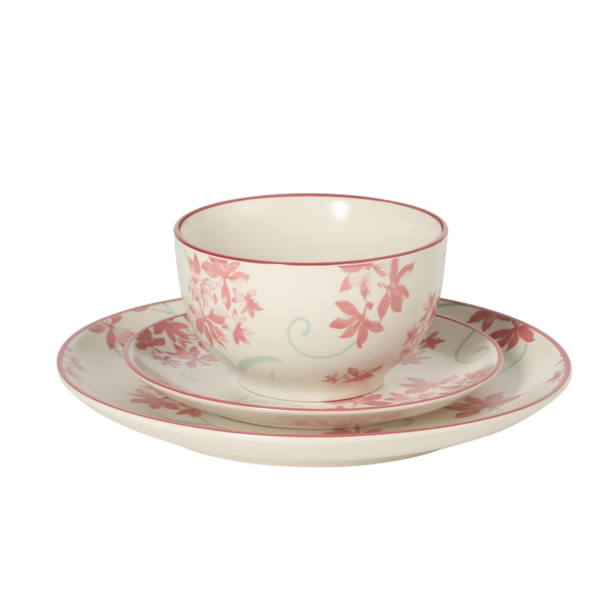 12-Piece Matte Stoneware Dinnerware Set with Pink Floral Pattern W84951