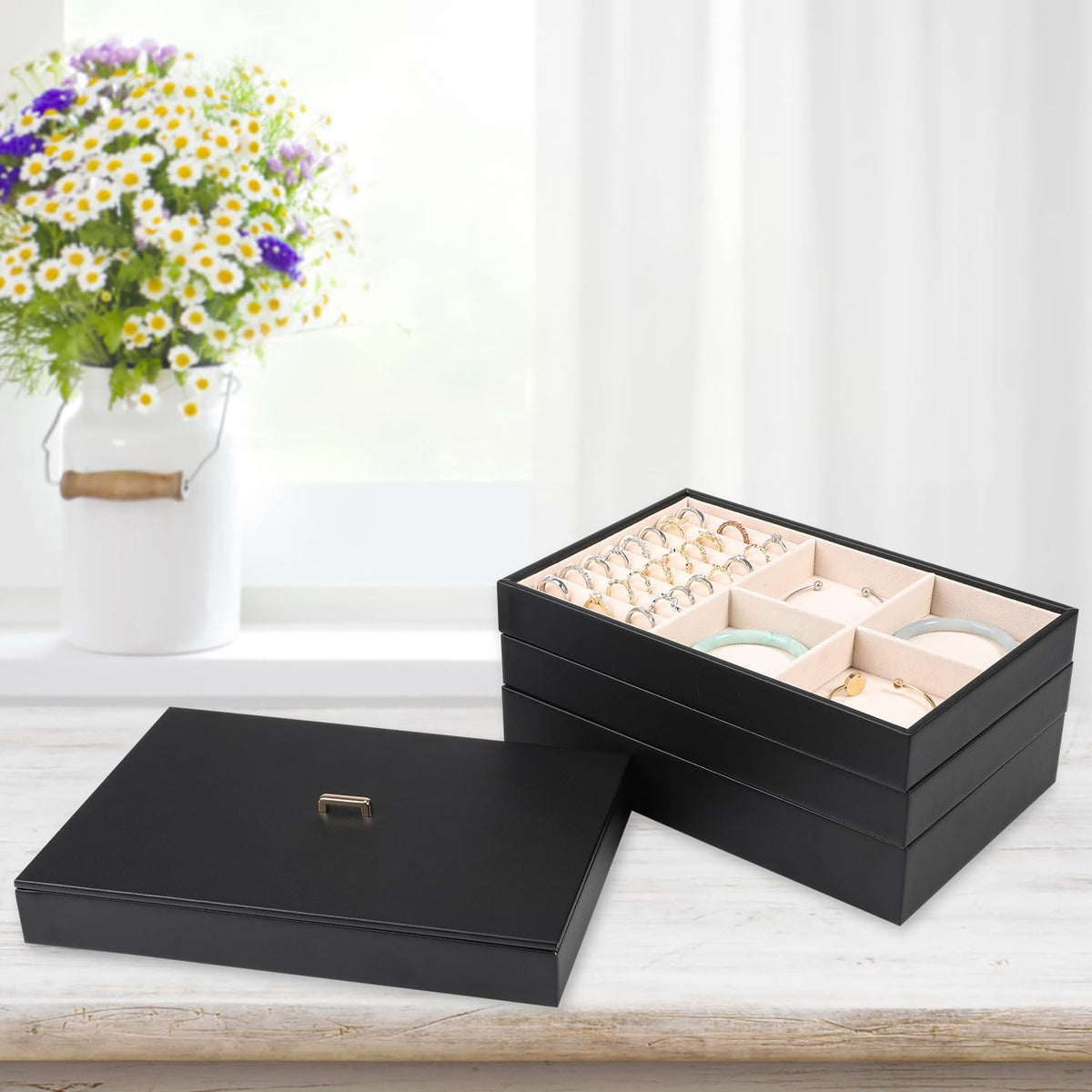 Stackable Jewelry Organizer Tray with Lid Set of 4 Black K946054