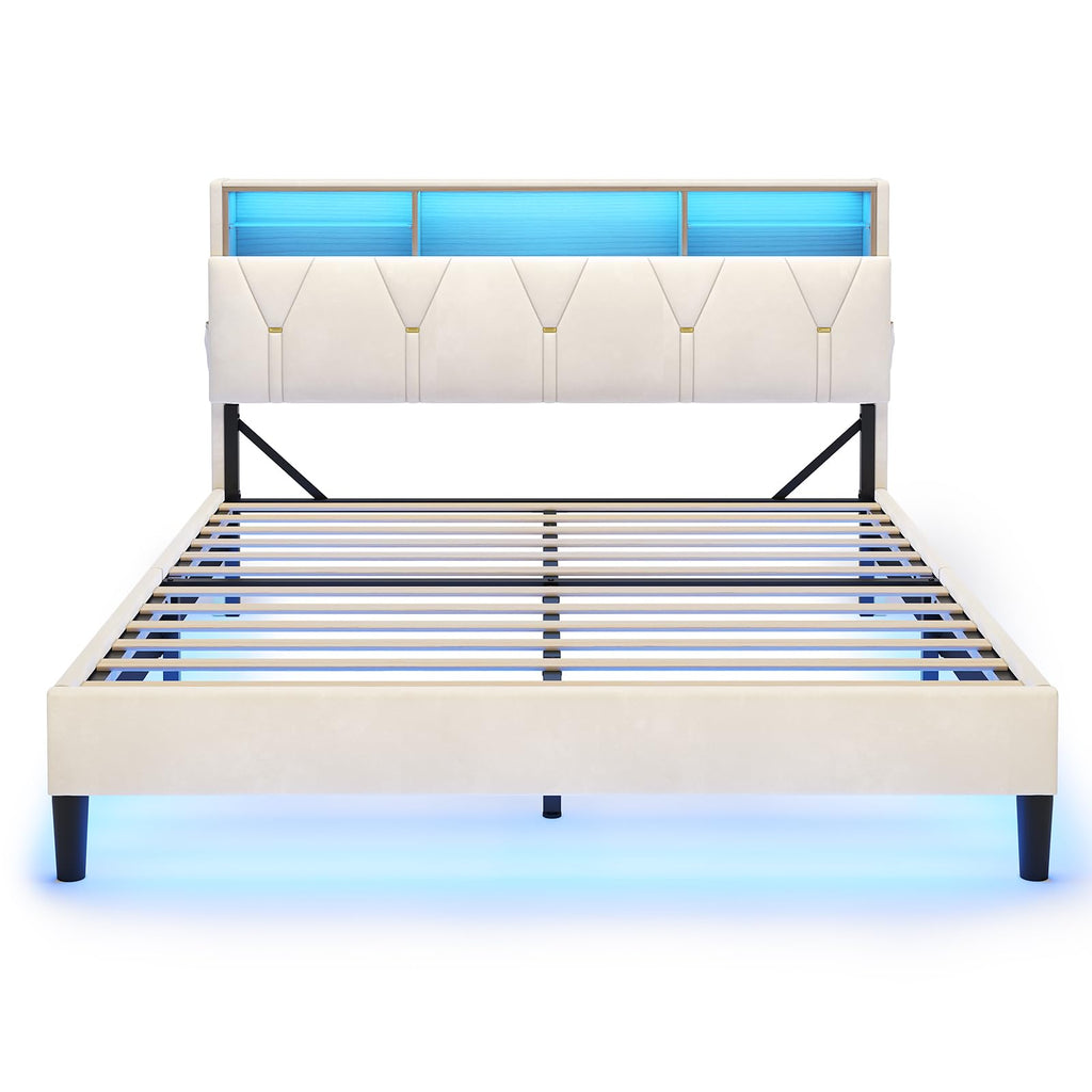 Full Size Bed Frame with Storage Headboard and LED Lights K2174