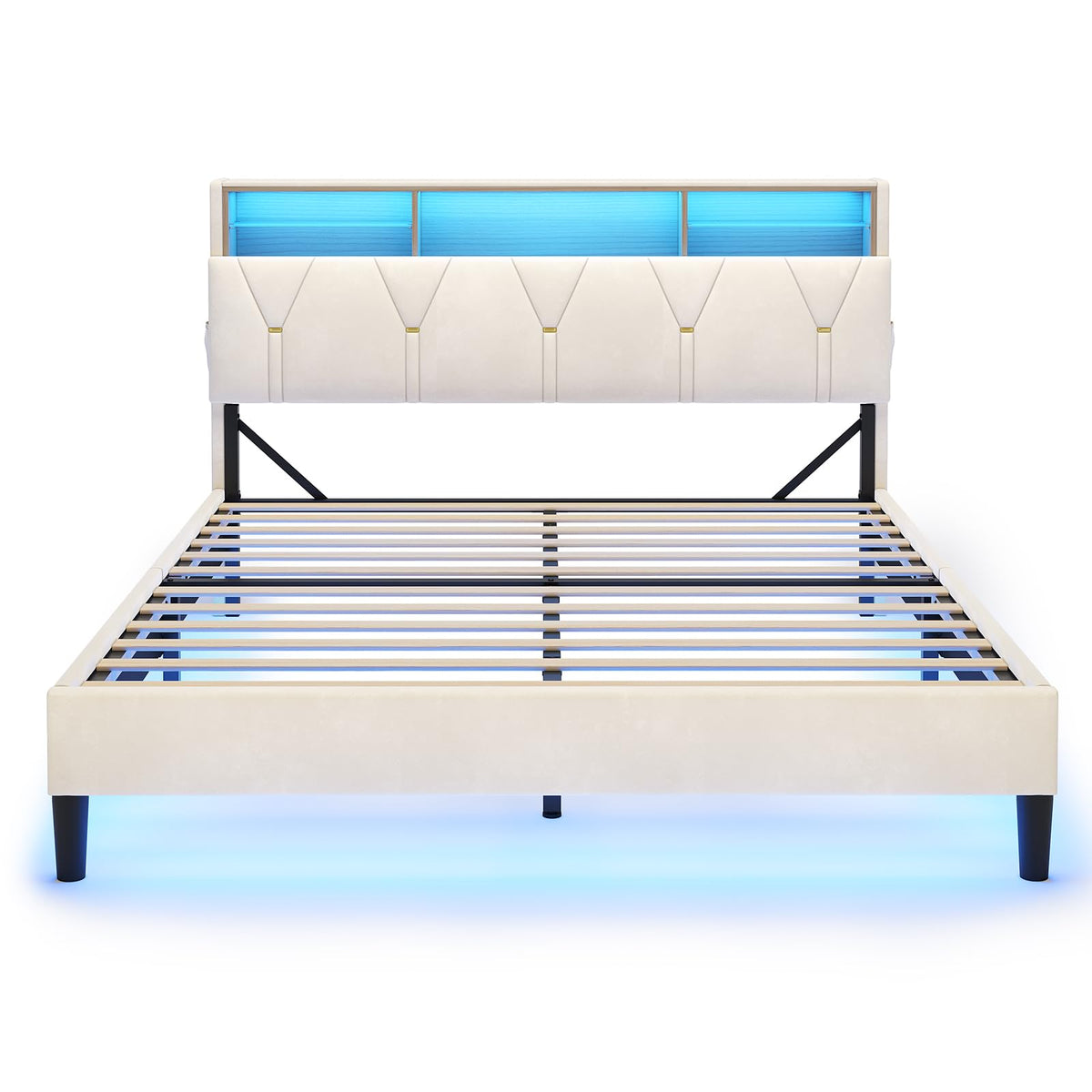Full Size Bed Frame with Storage Headboard and LED Lights K2174