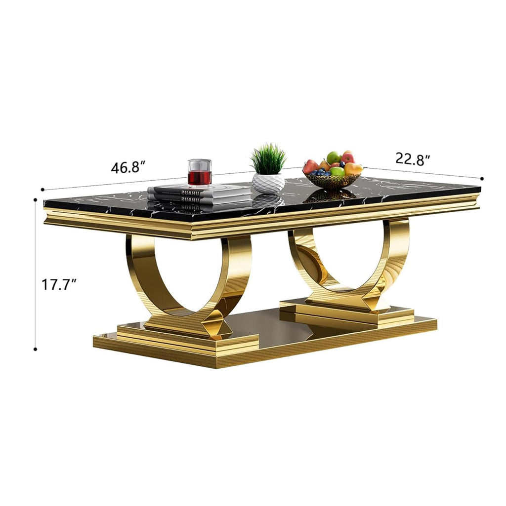 47" Black Faux Marble Coffee Table with Gold Pedestal Base S643