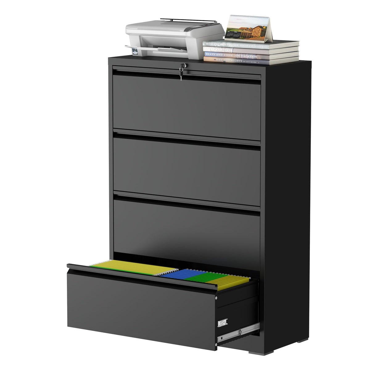 Black 4 Drawer Lateral File Cabinet with Lock C899