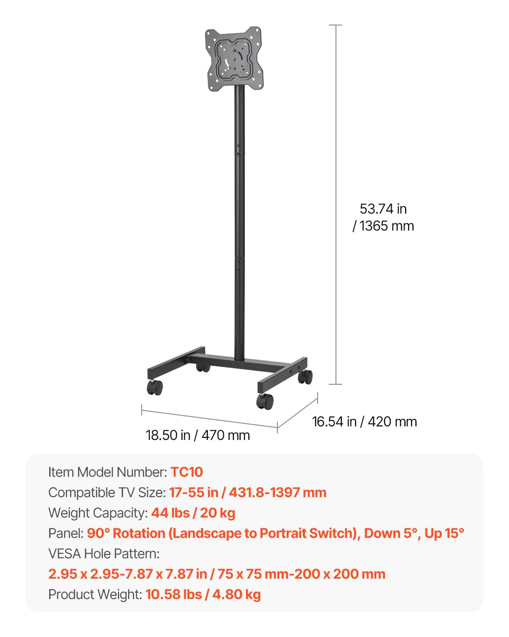 Rolling TV Stand for 17-55 Inch Screens with Wheels U88590