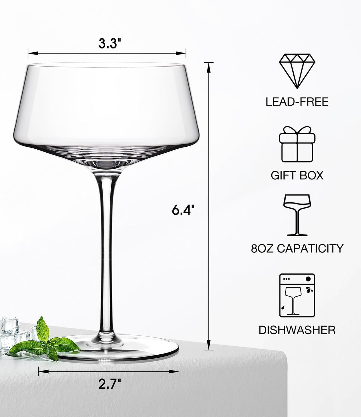 Hand Blown Martini Glasses Set of 4, 8 oz Crystal Cocktail Glass G12332