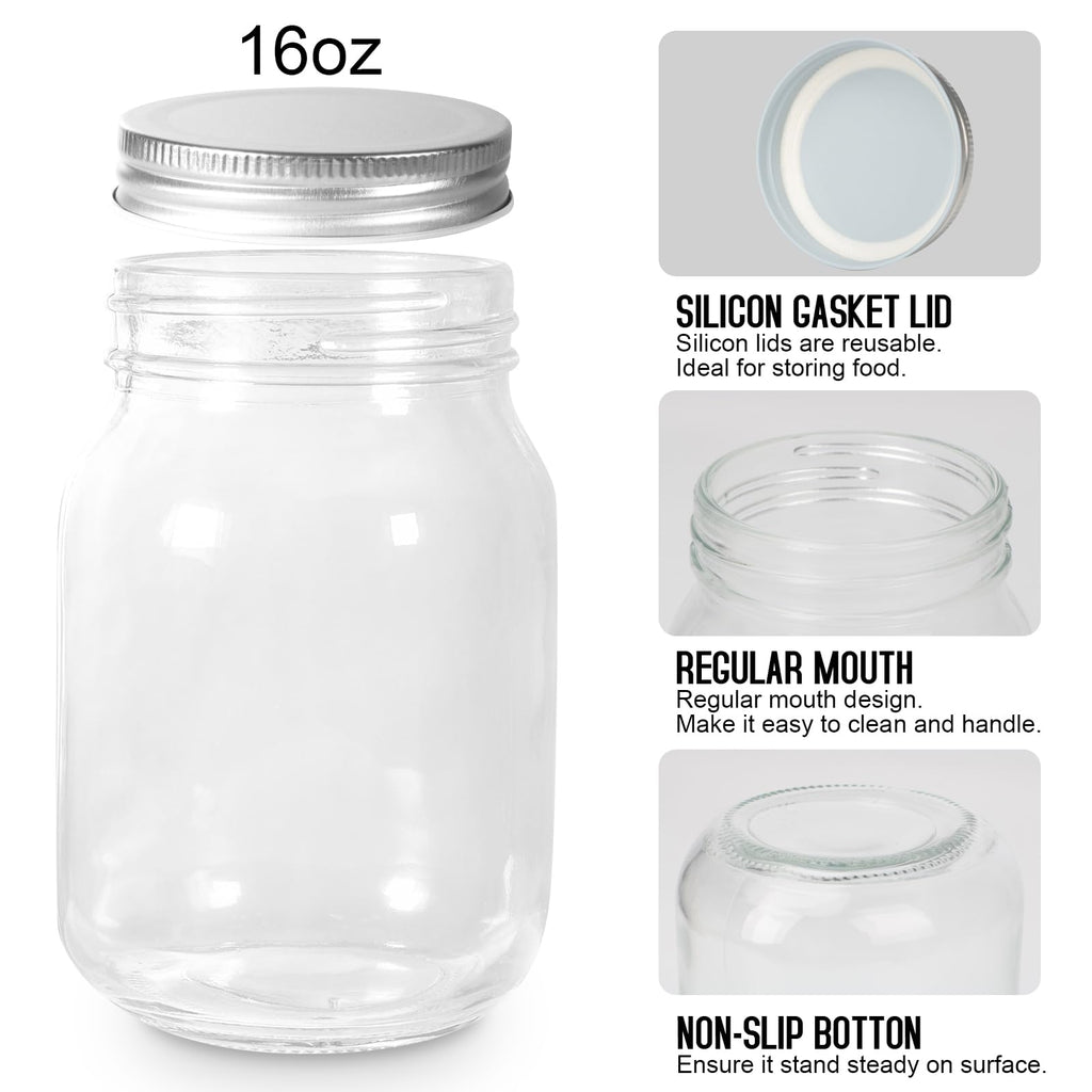 16oz Regular Mouth Glass Mason Jars with Airtight Lids, 4 Pack A9480