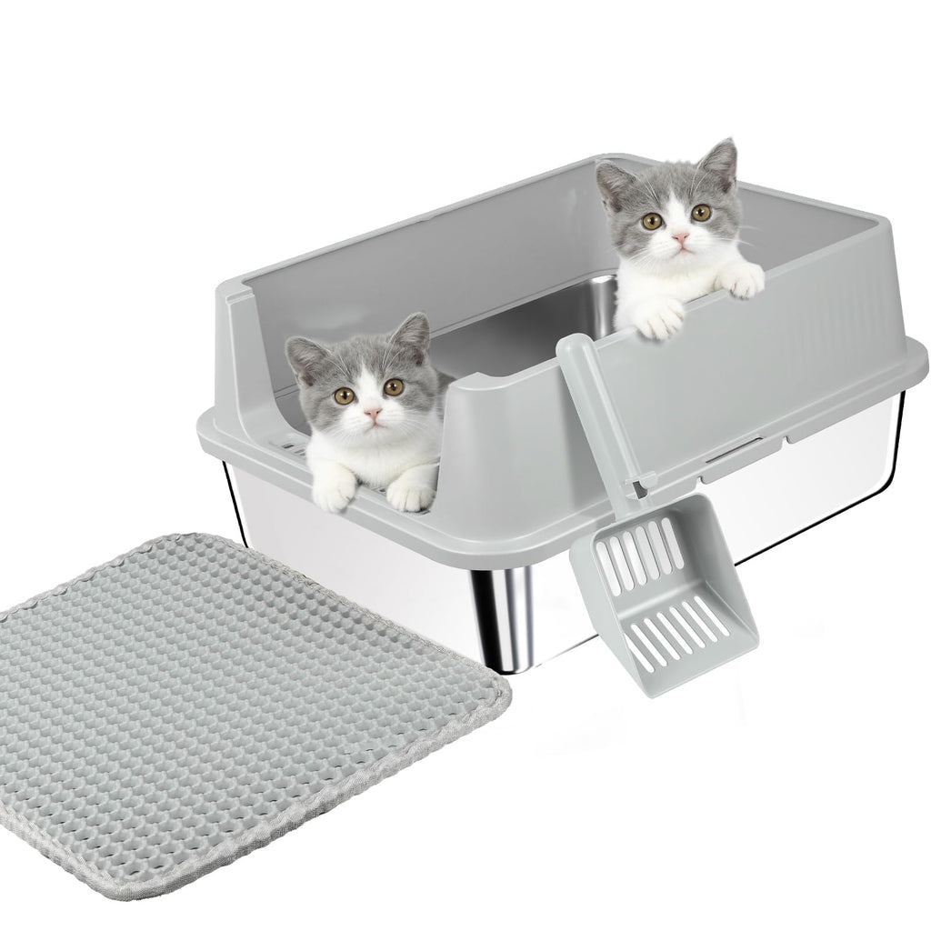 Stainless Steel Cat Litter Box with High Sides, Litter Mat, Scoop I38070
