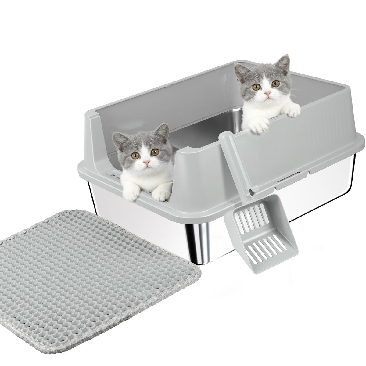 Stainless Steel Cat Litter Box with High Sides, Litter Mat, Scoop I38070