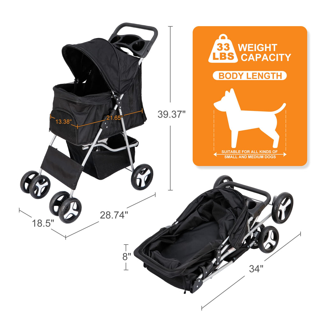 4 Wheels Foldable Pet Stroller with Storage Basket and Cup Holder R950032