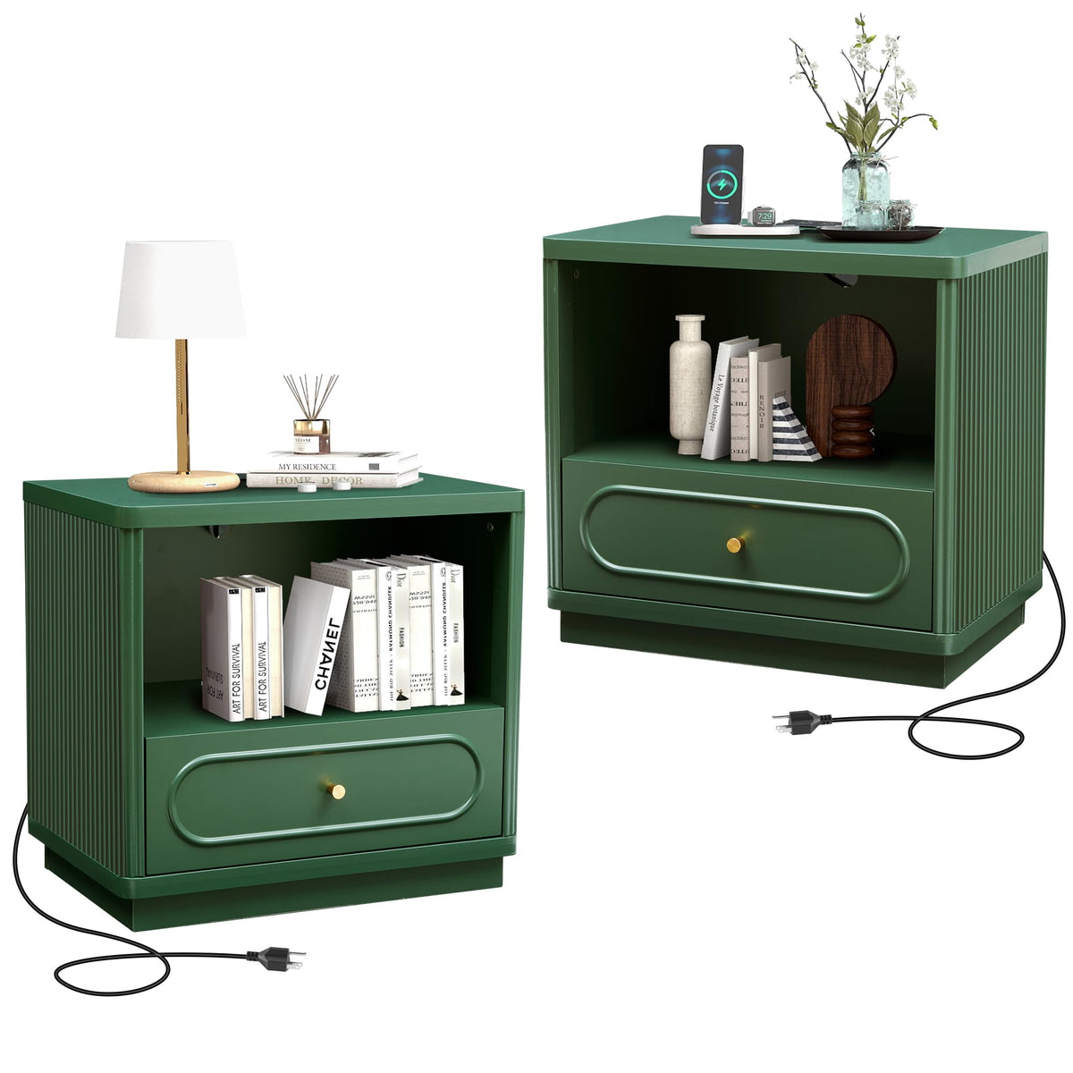 Green Fluted Nightstand Set of 2 with Charging Station X6259