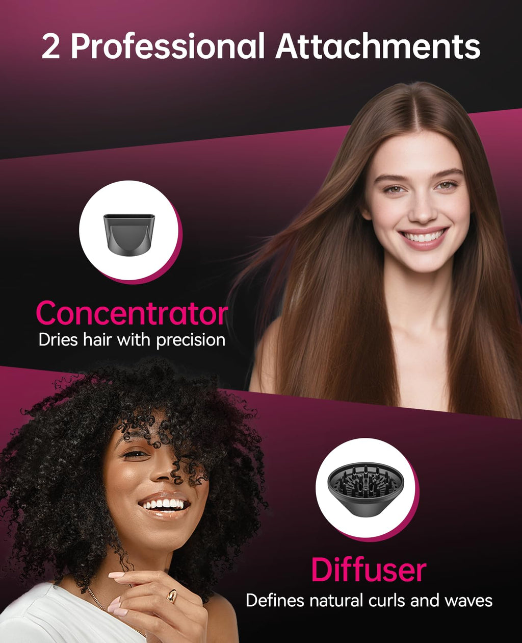 1600W Ionic Hairdryer with Diffuser and Concentrator Nozzle K13254