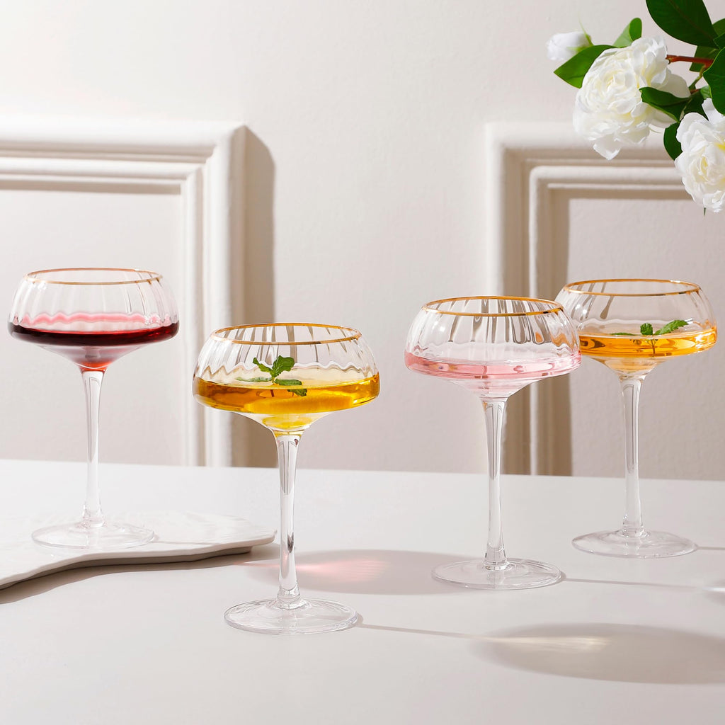 Coupe Glasses Set of 4 Hand Blown 8.45 oz Gold Rim L79495