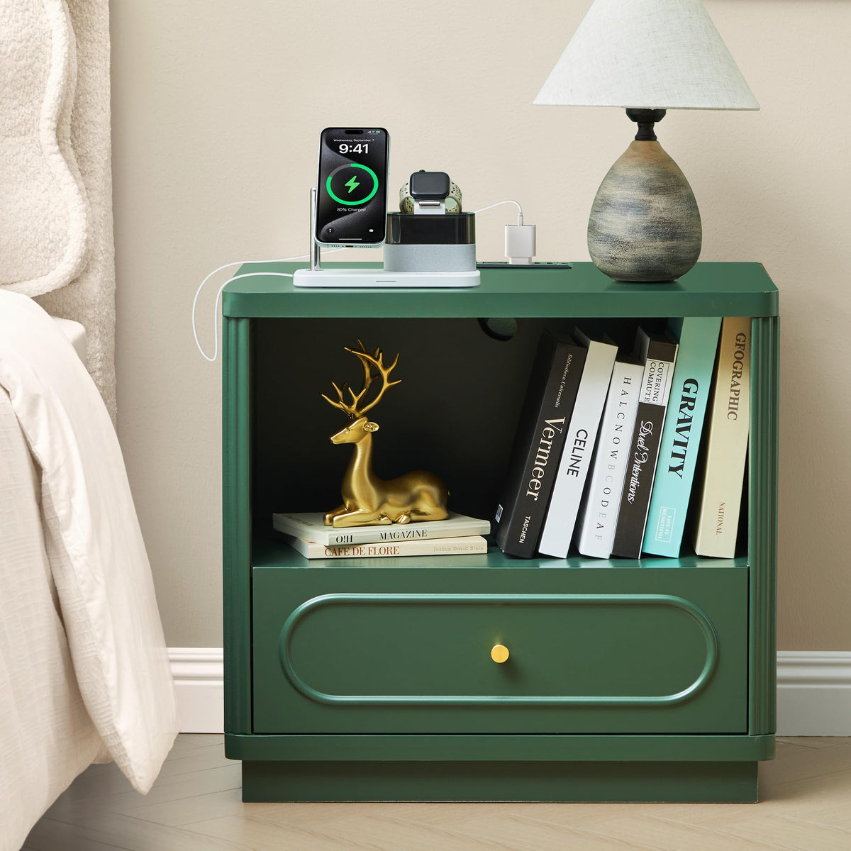 Green Fluted Nightstand Set of 2 with Charging Station X6259