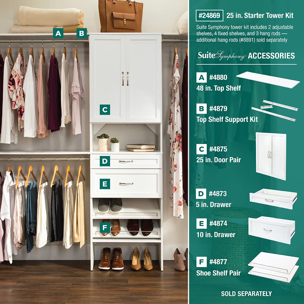 Wood Closet Organizer System with Tower and 3 Hang Rods and Shelving K480