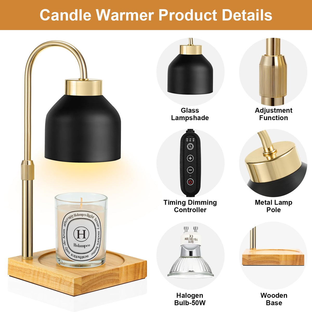 Adjustable Dimmable Electric Candle Warmer Lamp with Timer W692