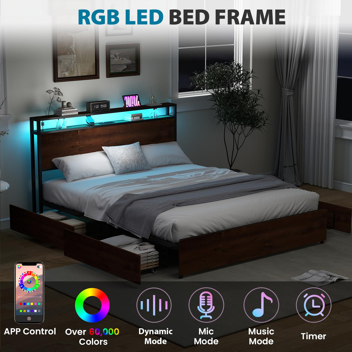 Queen Size Bed Frame with 4 Storage Drawers Y3226