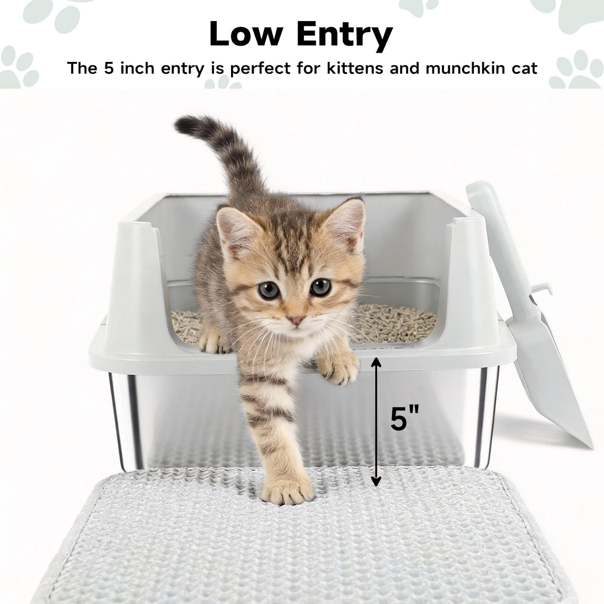 Stainless Steel Cat Litter Box with High Sides, Litter Mat, Scoop I38070