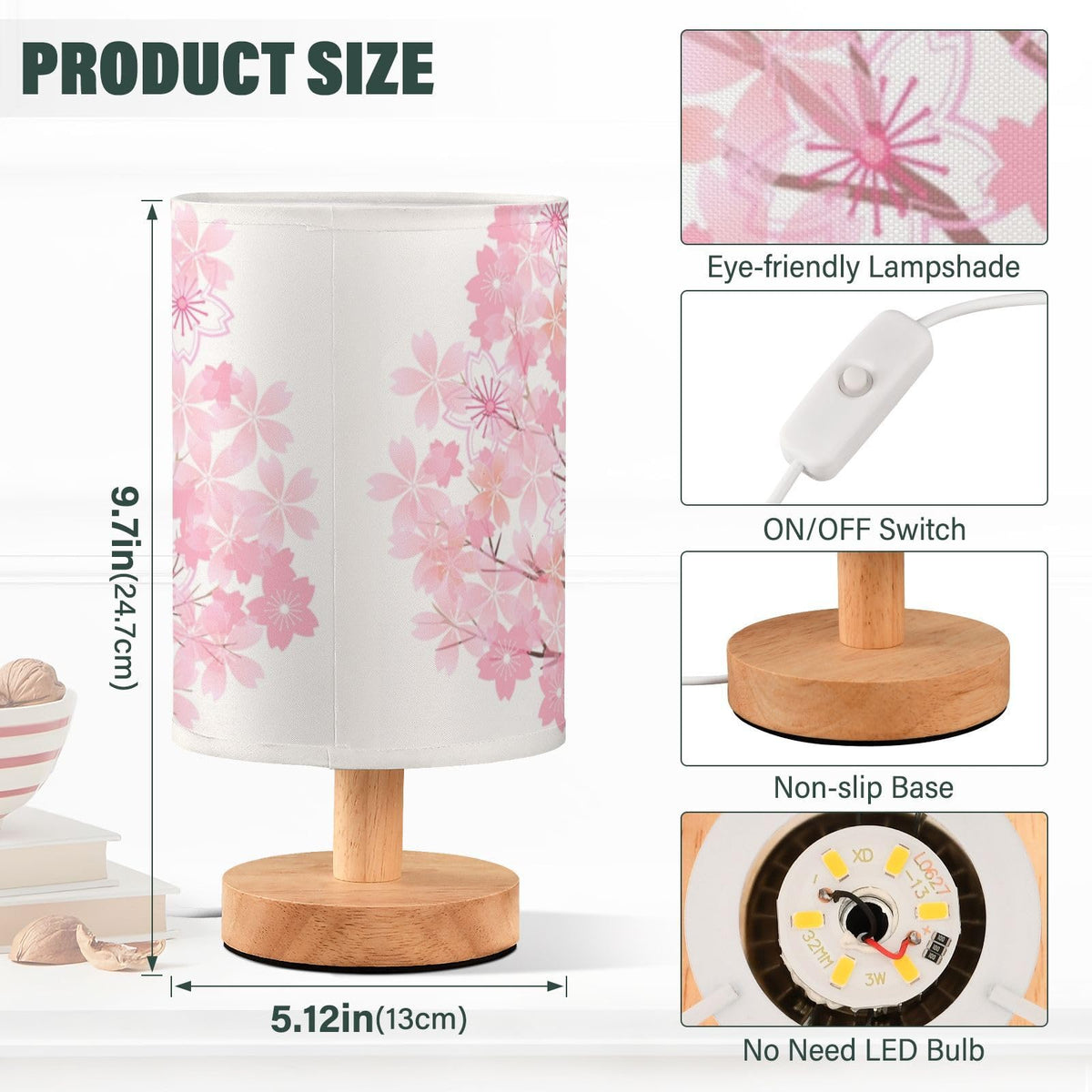 Pink Cherry Blossom Table Lamp with Wood Base Fabric Shade F93817