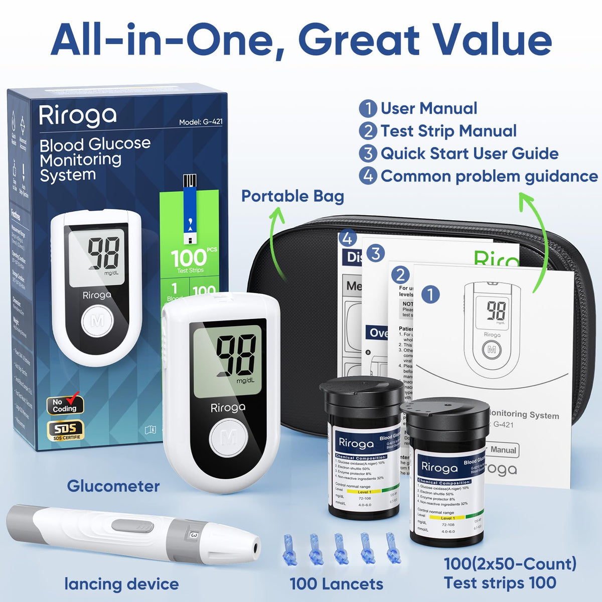 Blood Glucose Monitor Kit with 100 Strips, 100 Lancets, Lancing Device, No Coding L783629
