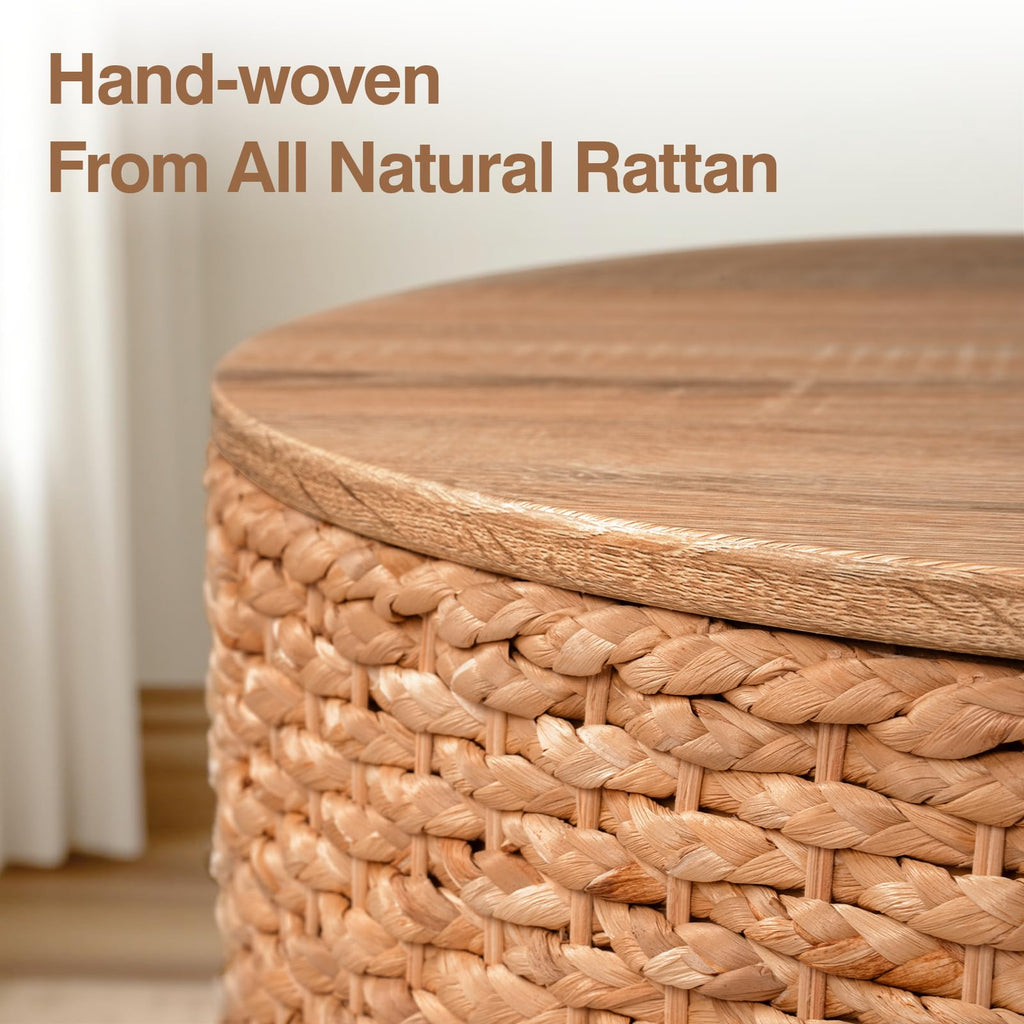 Round Nesting Coffee Table Set of 2 with Storage Wicker Rattan Wood Frame V8972