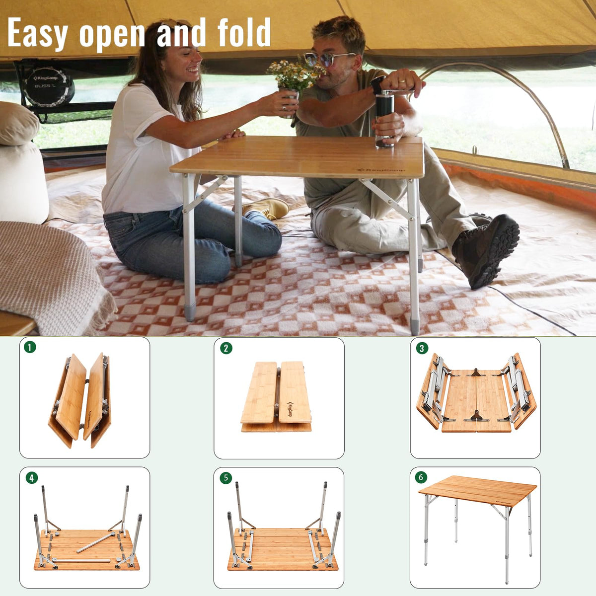 Folding Camping Table Bamboo Adjustable Portable Table D1374
