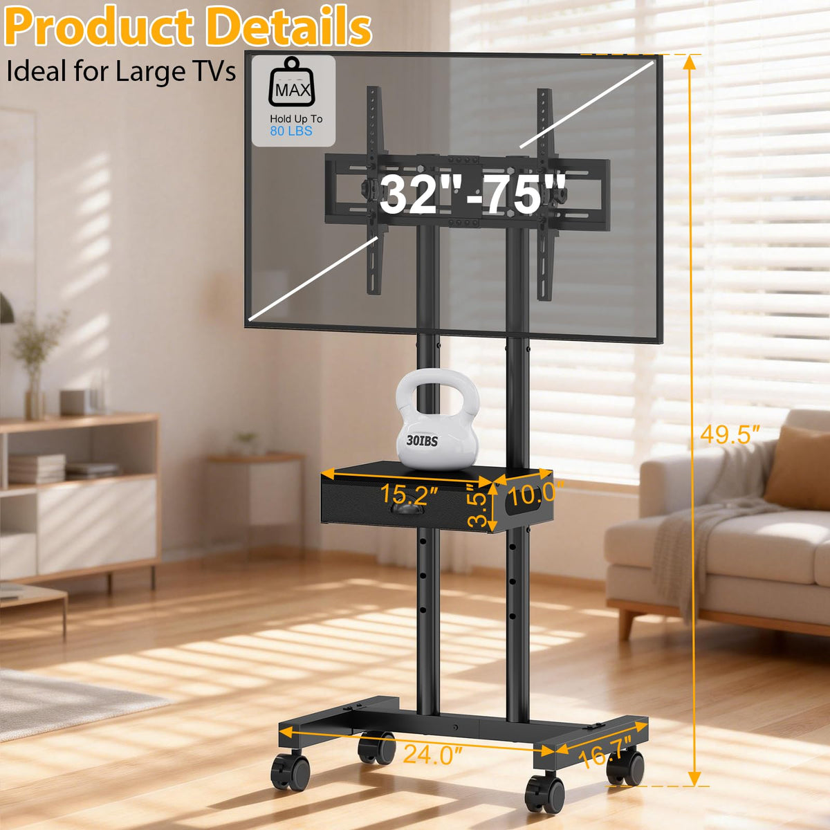 Rolling TV Stand with Drawer for 32-75 Inch TVs P5660