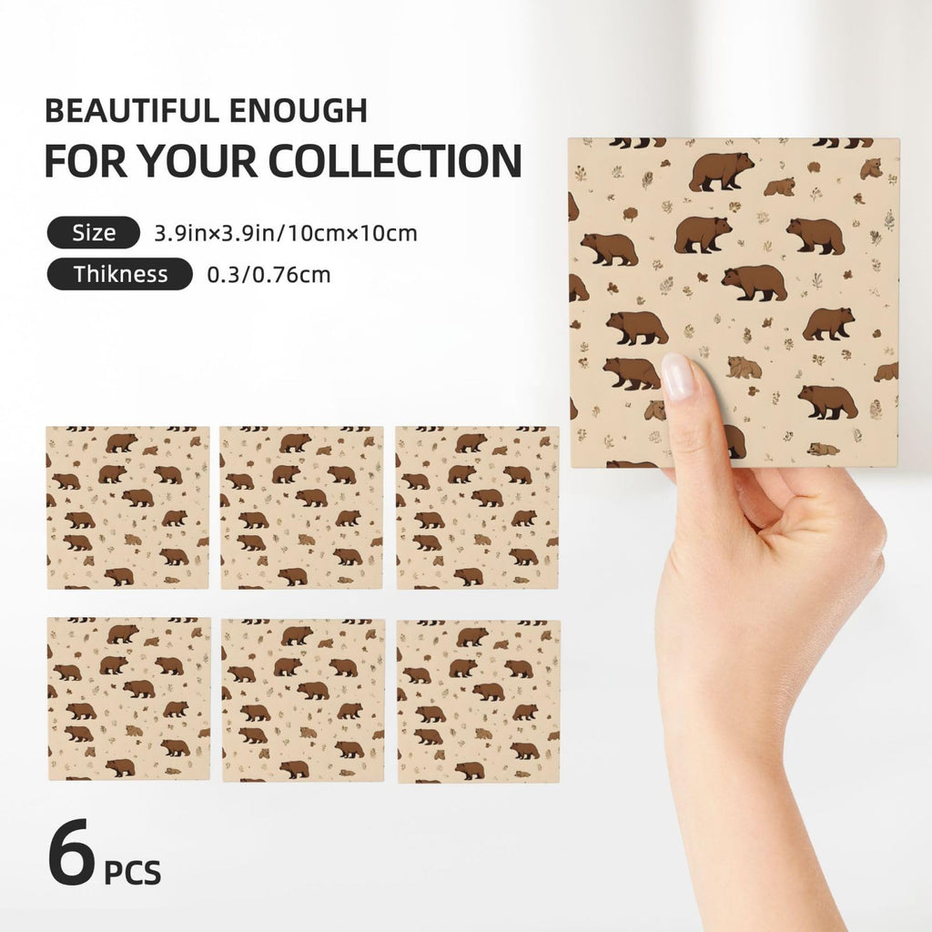 Square Cartoon Bear Ceramic Coasters Set of 6 J4155