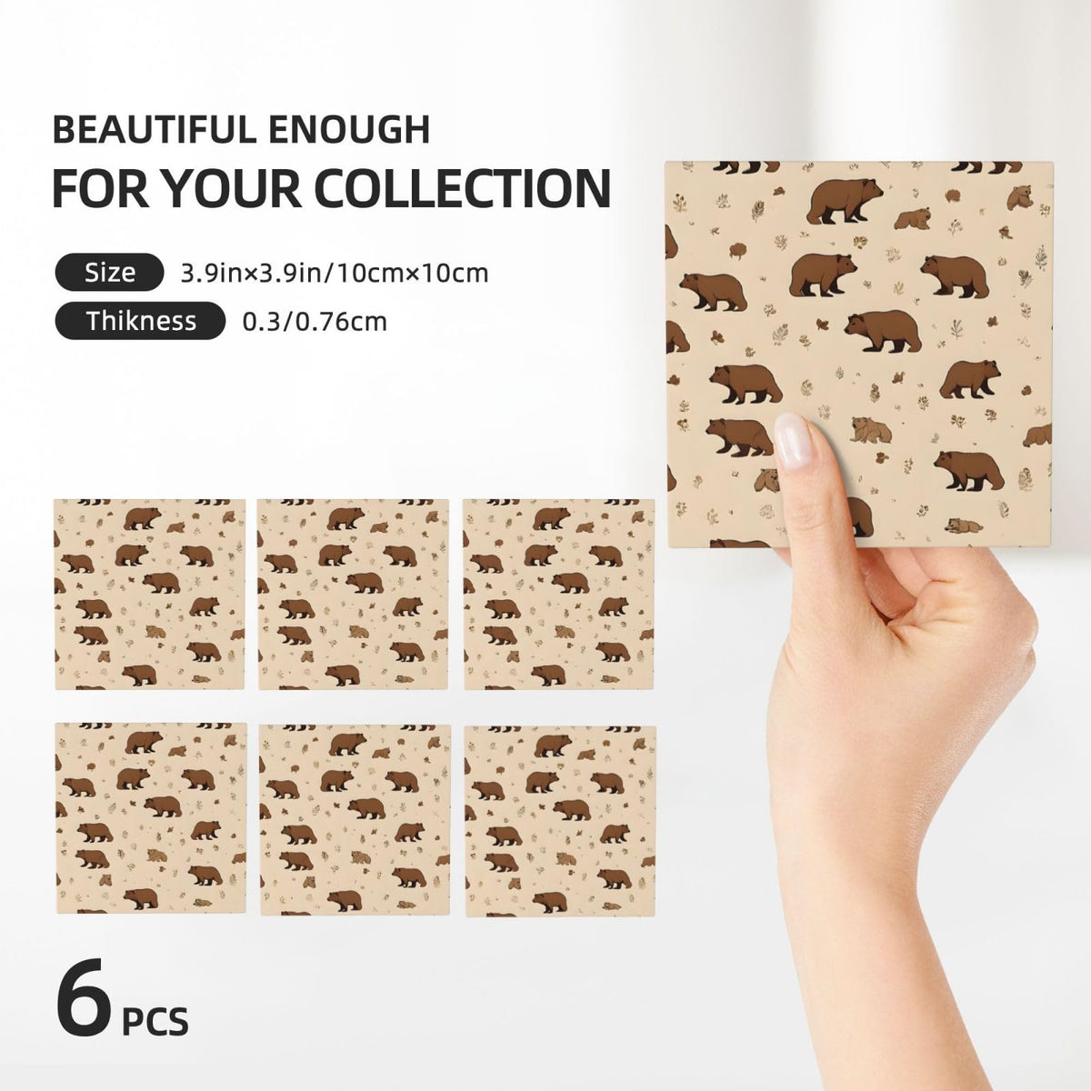Square Cartoon Bear Ceramic Coasters Set of 6 J4155