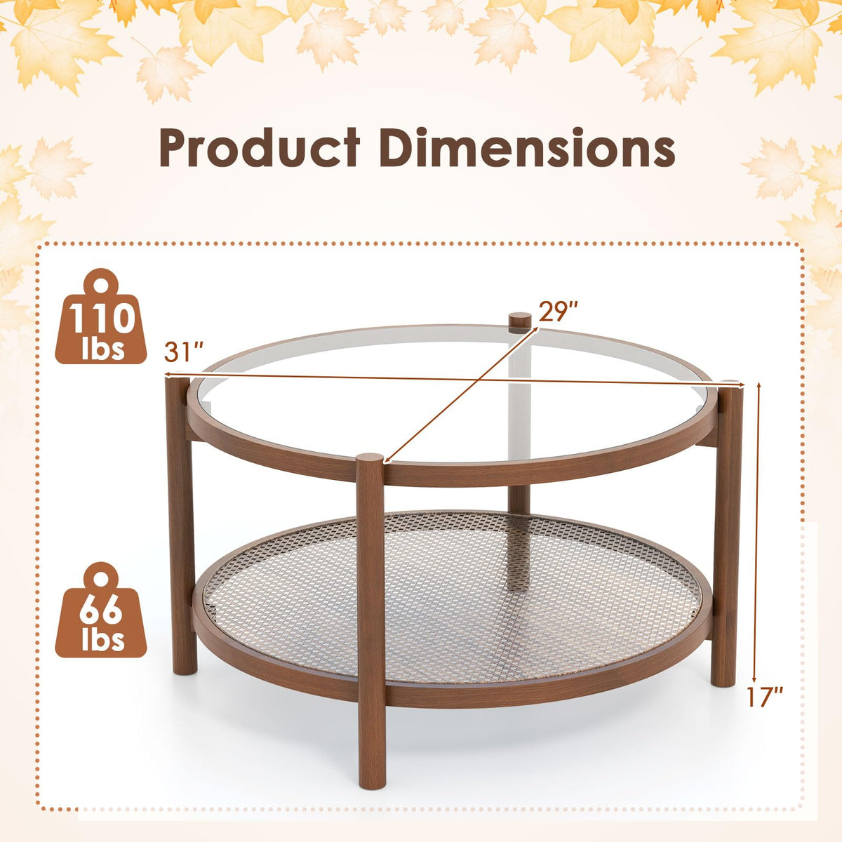 Rattan Round Glass Coffee Table with Storage Shelf U184
