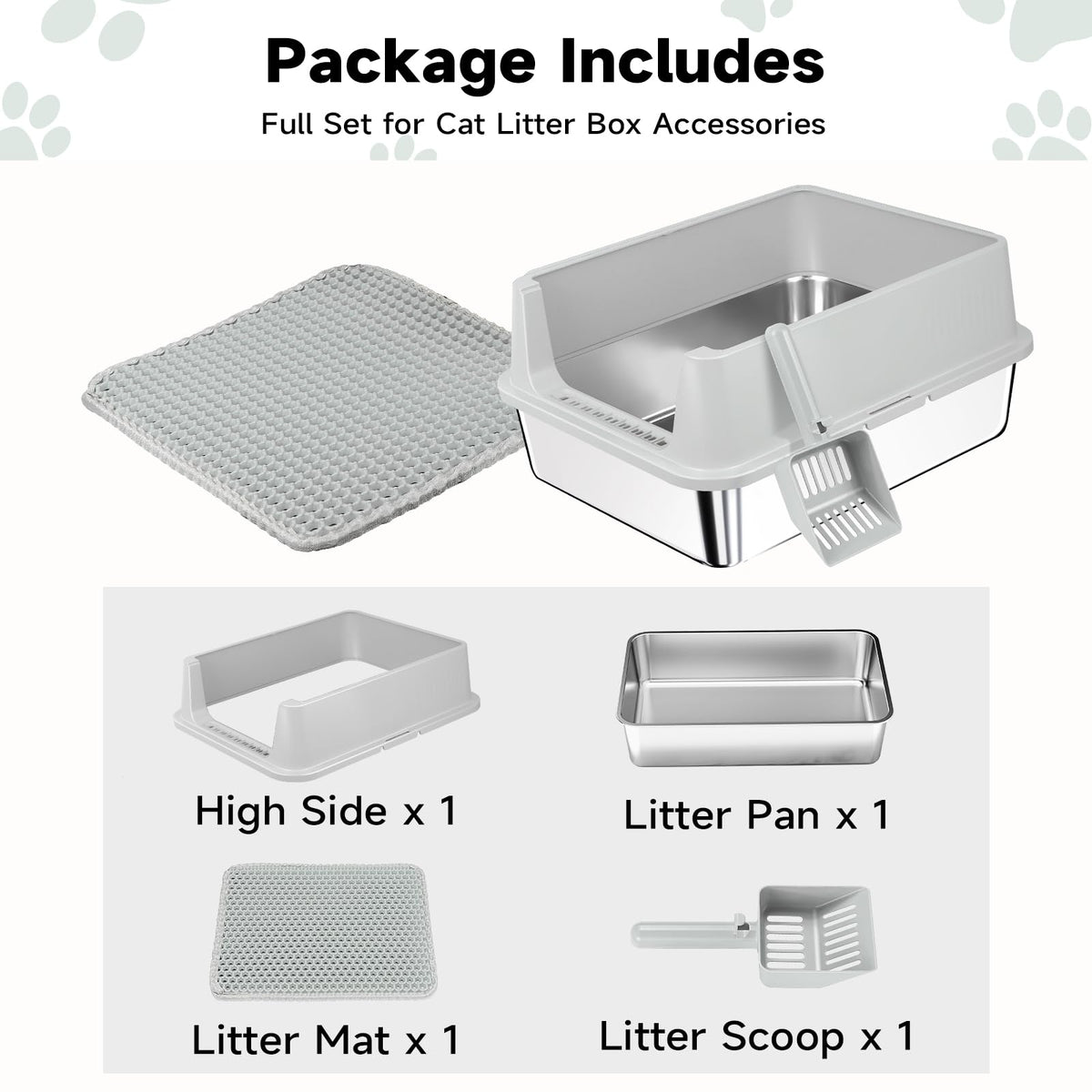 Stainless Steel Cat Litter Box with High Sides, Litter Mat, Scoop I38070