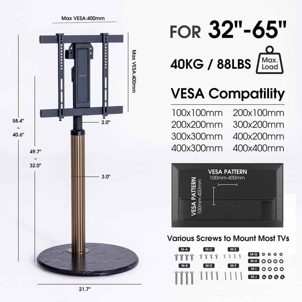 Aluminum Rolling TV Stand for 32-65 inch TVs W6717