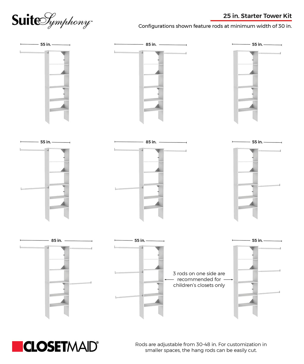 Wood Closet Organizer System with Tower and 3 Hang Rods and Shelving K480
