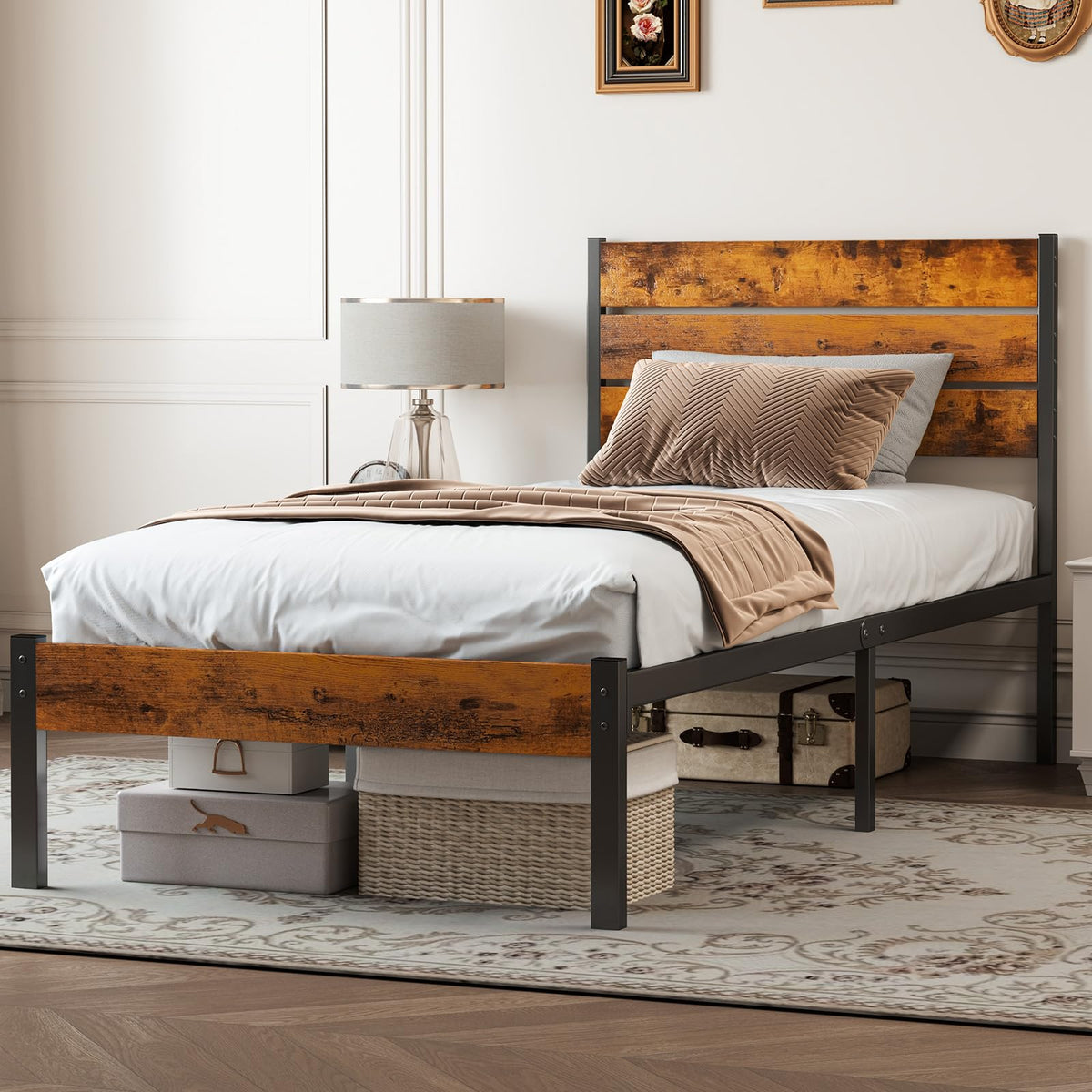 Twin Platform Bed Frame with Wooden Headboard and Footboard B2479