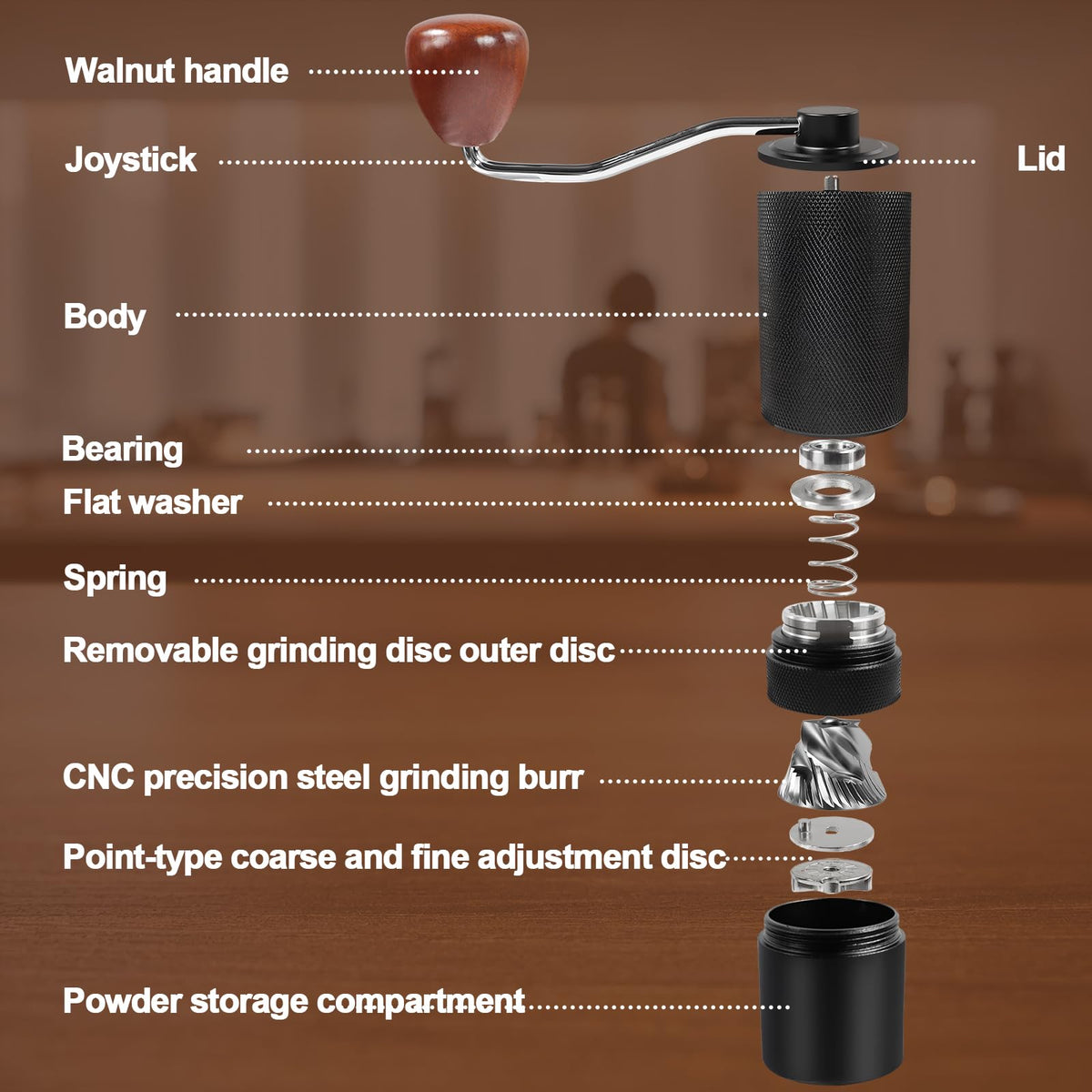 Manual Coffee Grinder Detachable Stainless Steel Conical Burr Black M7951