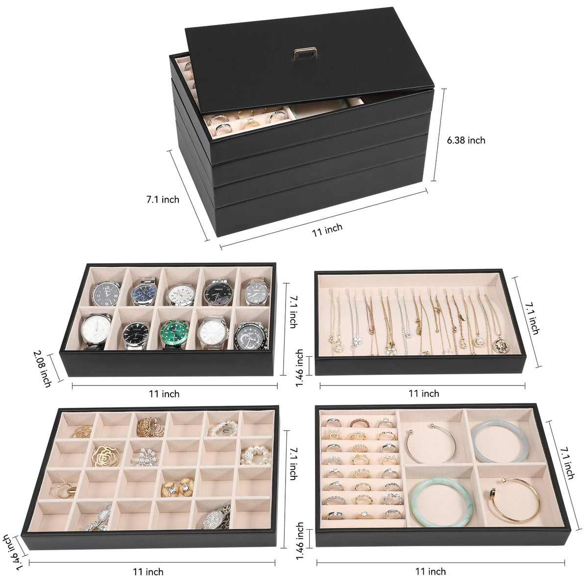 Stackable Jewelry Organizer Tray with Lid Set of 4 Black K946054