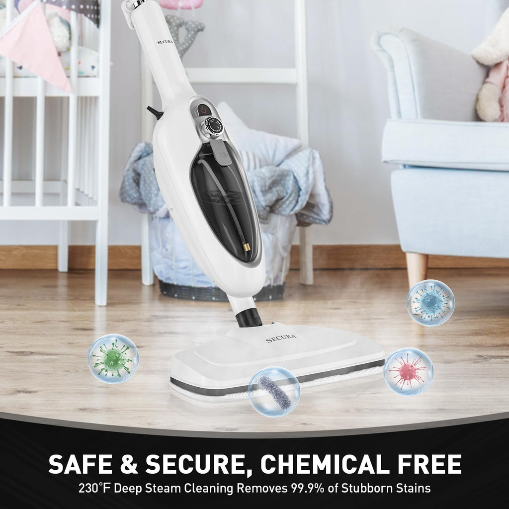 White 10-in-1 Detachable Steam Mop with 3 Microfiber Pads N704