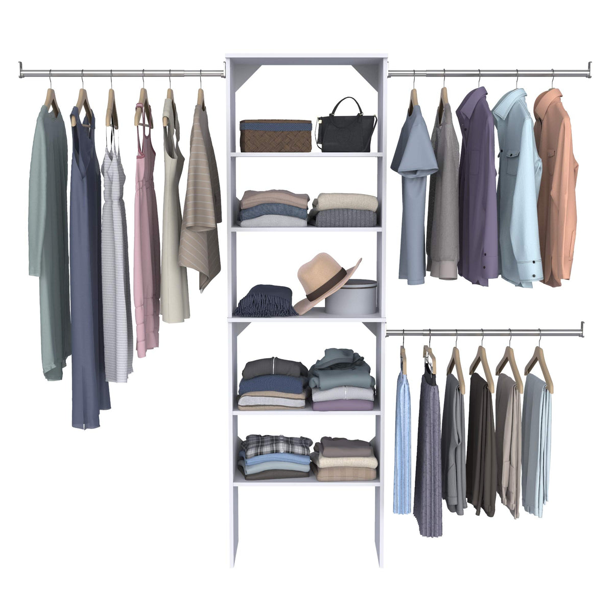 Wood Closet Organizer System with Tower and 3 Hang Rods and Shelving K480