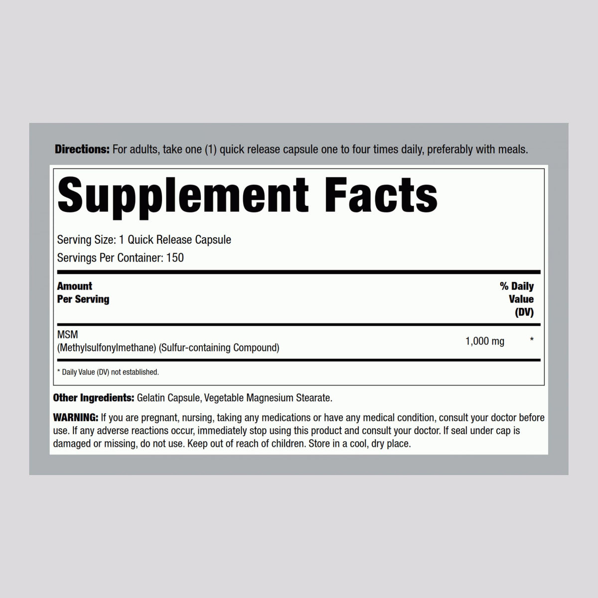MSM Supplement 1000mg 150 Powder Capsules T3211