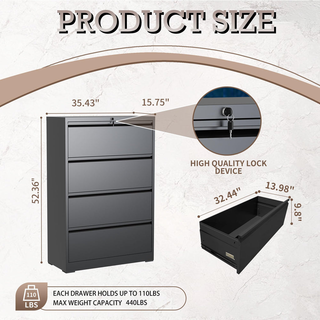 Black 4 Drawer Lateral File Cabinet with Lock C899