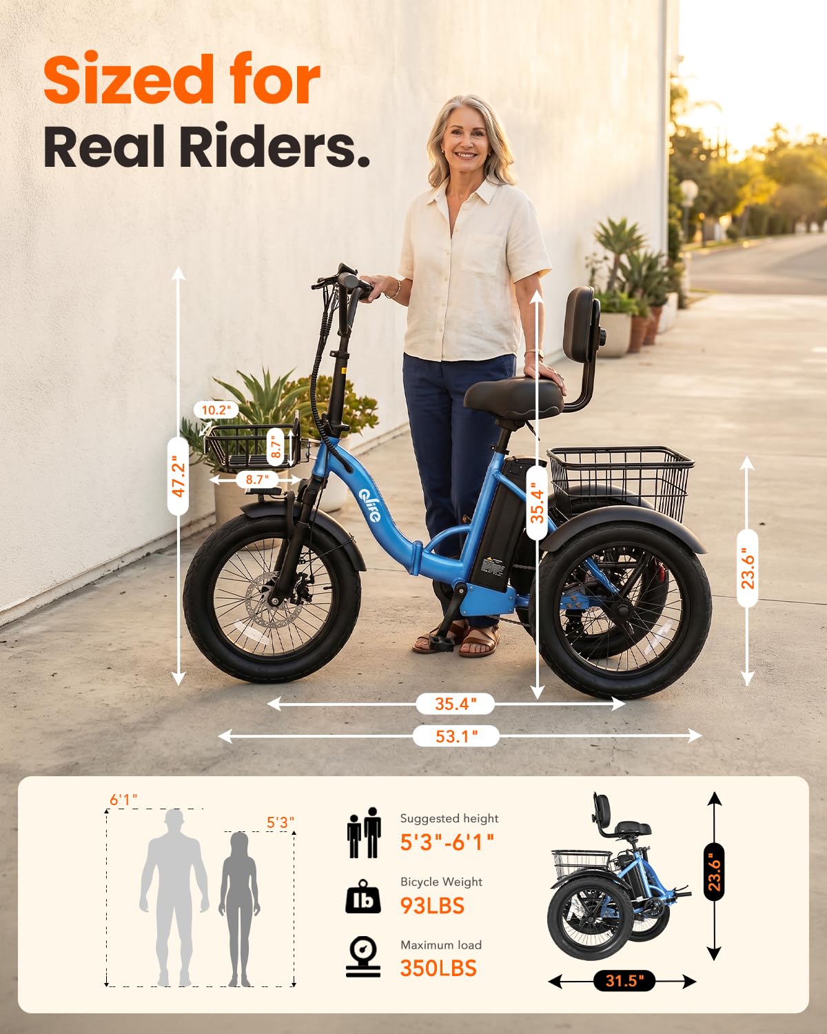 1200W Folding Electric Trike with Cargo Rack R168