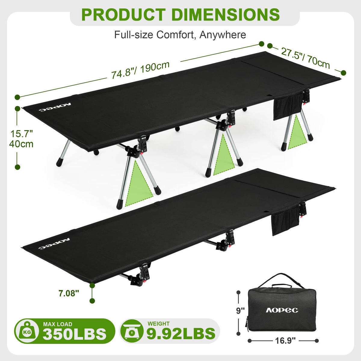 Height Adjustable Black Camping Cot O353920