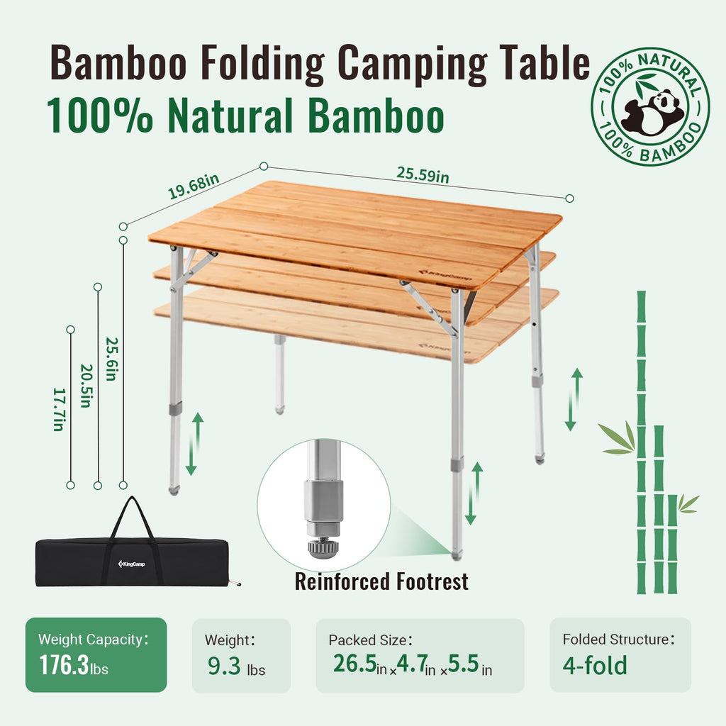 Folding Camping Table Bamboo Adjustable Portable Table D1374