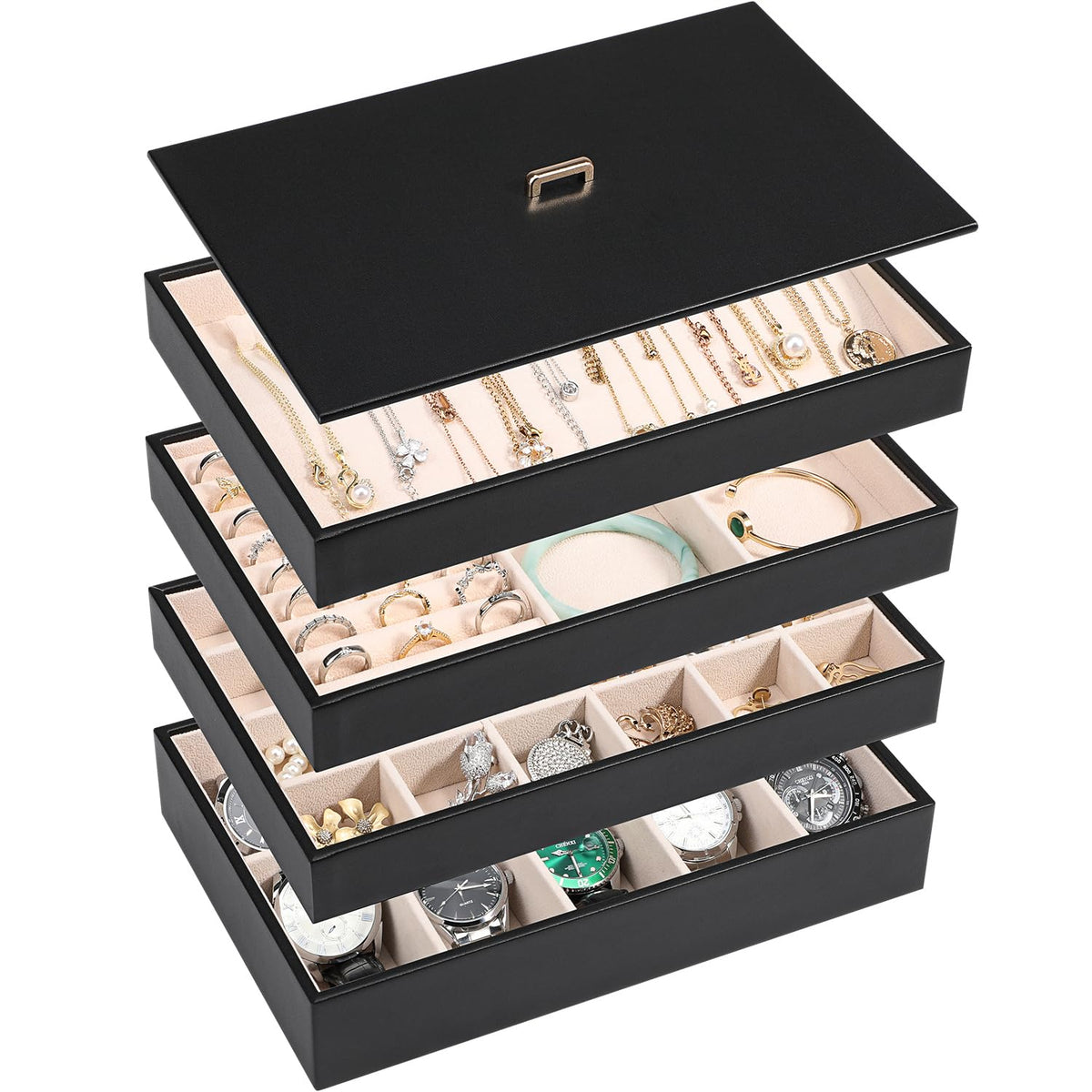 Stackable Jewelry Organizer Tray with Lid Set of 4 Black K946054