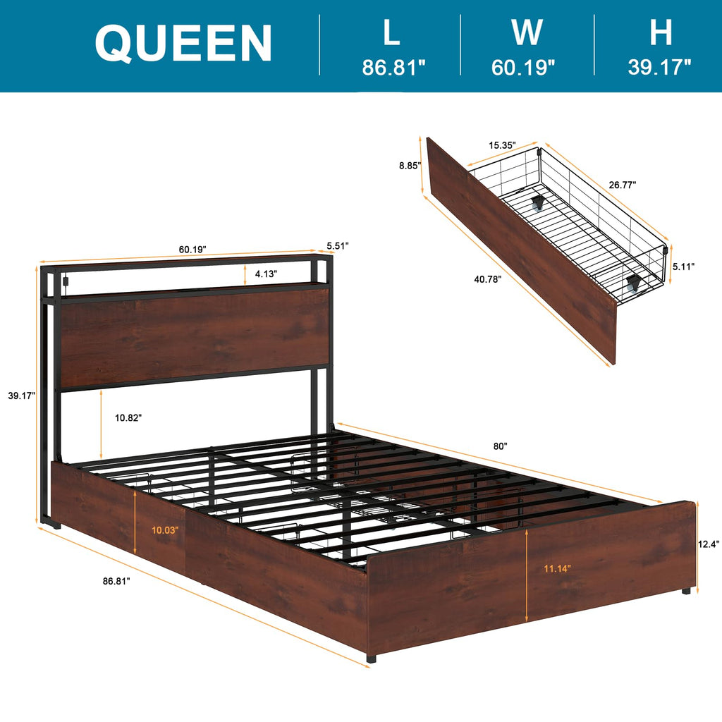 Queen Size Bed Frame with 4 Storage Drawers Y3226
