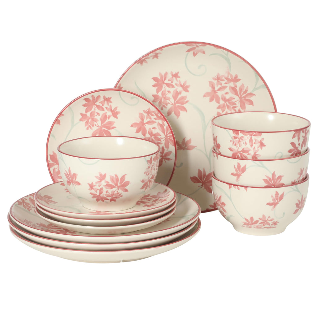 12-Piece Matte Stoneware Dinnerware Set with Pink Floral Pattern W84951