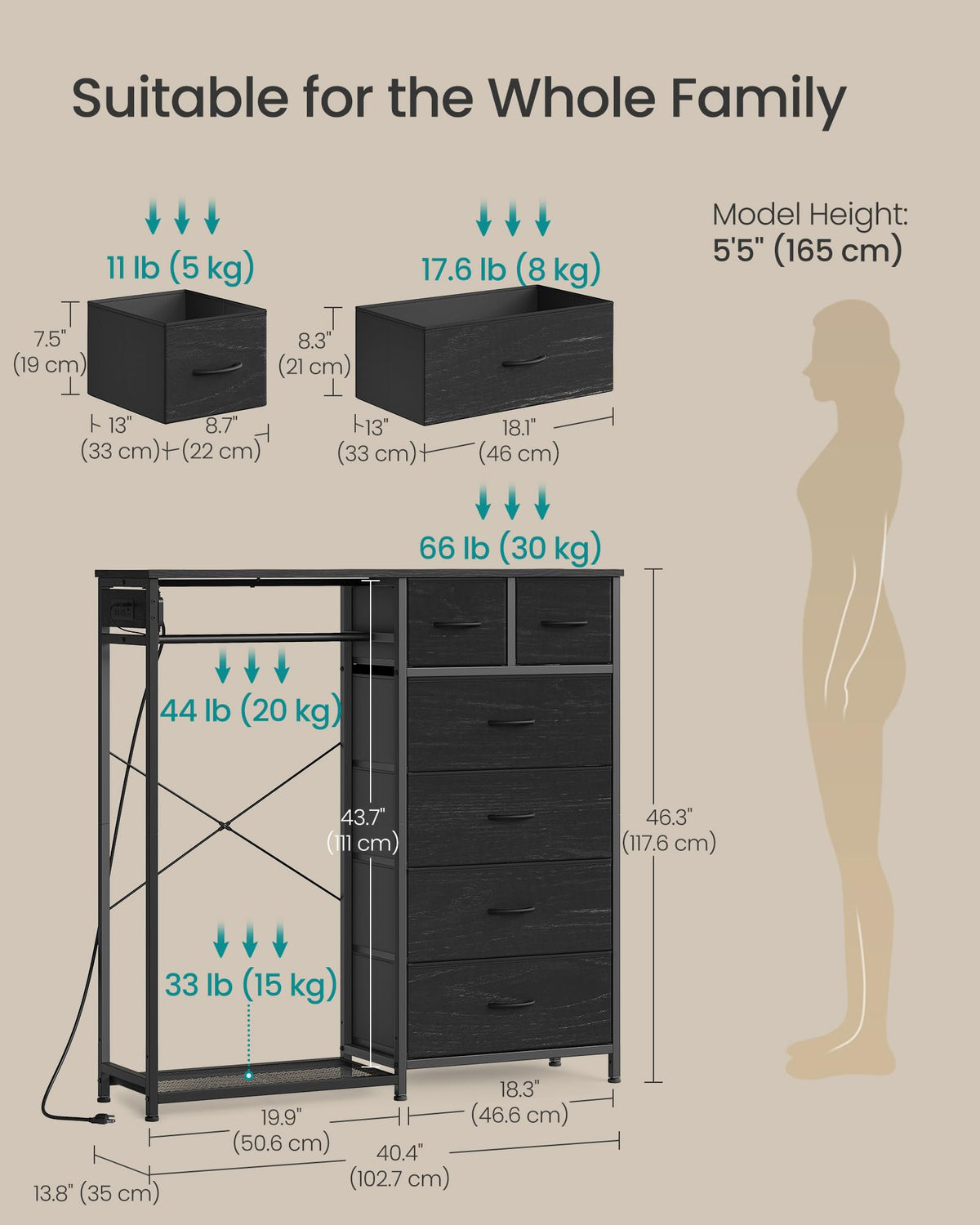 Dresser with Hanging Rod, Closet Organizer with 6 Fabric Drawers O83360